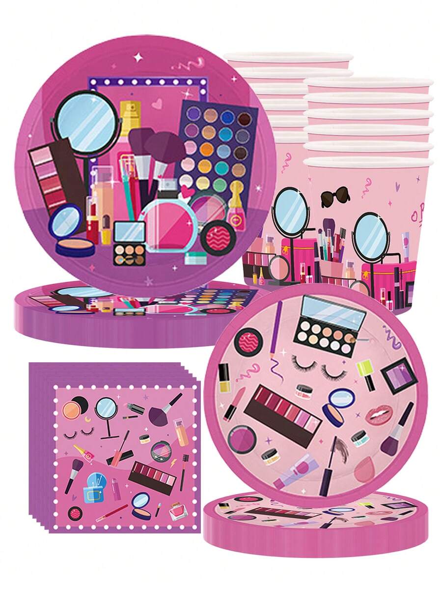 16pcs, Cosmetics Themed Spa Party Disposable Tableware Set, Including 7/9inch Paper Plate, 9oz Paper Cup, Napkin And Supplies Set, Suitable For Ladies Spa Birthday Party, Friends Party, Spring Event, Holiday Party Supplies - Multicolor - View 1