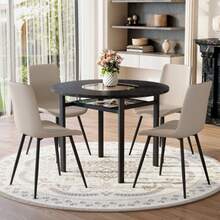 Modern Minimalist Round Table Set (With 4 Armchairs In Tech Fabric And Widened Comfort Seat Cushion), Round Table With 100 Cm Diameter In Black Wood Look, Suitable For Living Room,