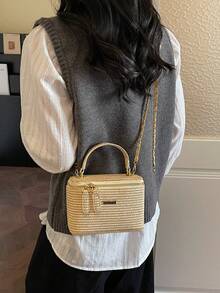 1-Piece New Style Simple Casual Versatile Woven Straw Bag Lunch Box Small Bag Chain Shoulder Messenger Bag Holiday Season Hot Small Bag Shoulder Messenger Bag,Vacay Vibes,Beachweekend,Utilitarian Chic - Khaki - View 5