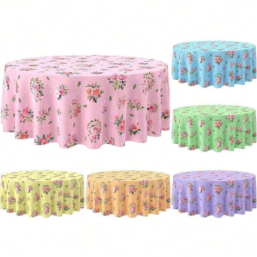 Kinlop 6 Pcs Plastic Round Tea Party Tablecloths 70\ Floral Table Cloth Decorative Disposable Outdoor Flower Table Cover Disposable Summer Tabletop For Partys Picnic (Tea Party,Cute Color) - 66茶黨 - 查看 1
