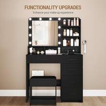 HEXCELEN Dressing Table With 10 LED Lights, Stool, Vanity Table With Large Mirror, Dressing Table With Power Outlet, Hairdryer Holder, And Several Drawers, Black - Phích cắm loại F của EU (220-240V) - Xem 3