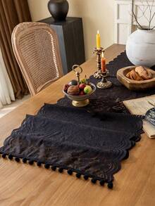 1pc Lace Table Runner, Home Decor, Suitable For Wedding, Restaurant, Living Room, Family Gathering, Party, Dinner Table Decoration, Washable And Reusable - Black - View 6