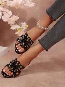 Giày sandal cao gót đế bệt bằng da PU màu trơn thời trang dành cho nữ, đính đinh tán, thích hợp cho tiệc tùng, kỳ nghỉ và mùa hè. - màu đen - Xem 4