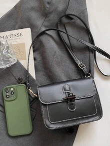 Bolso de hombro cuadrado acolchado de unicolor clásico para mujer, con solapa de lana, bolsa organizadora de lápiz labial retro de cuero PU, billetera cuadrada con correa ajustable, bolso para uso al aire libre - Negro - Ver 4