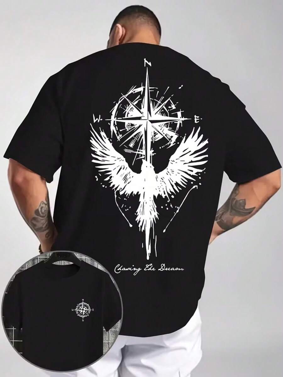 Eagle And Compass T-Shirt, Unisex Men's And Women's Blouse, 100% Cotton, Premium Top Streetwear, New Arrival, Immediate Shipping, Various Colors!! Plus Size - 黑色 - 查看 1