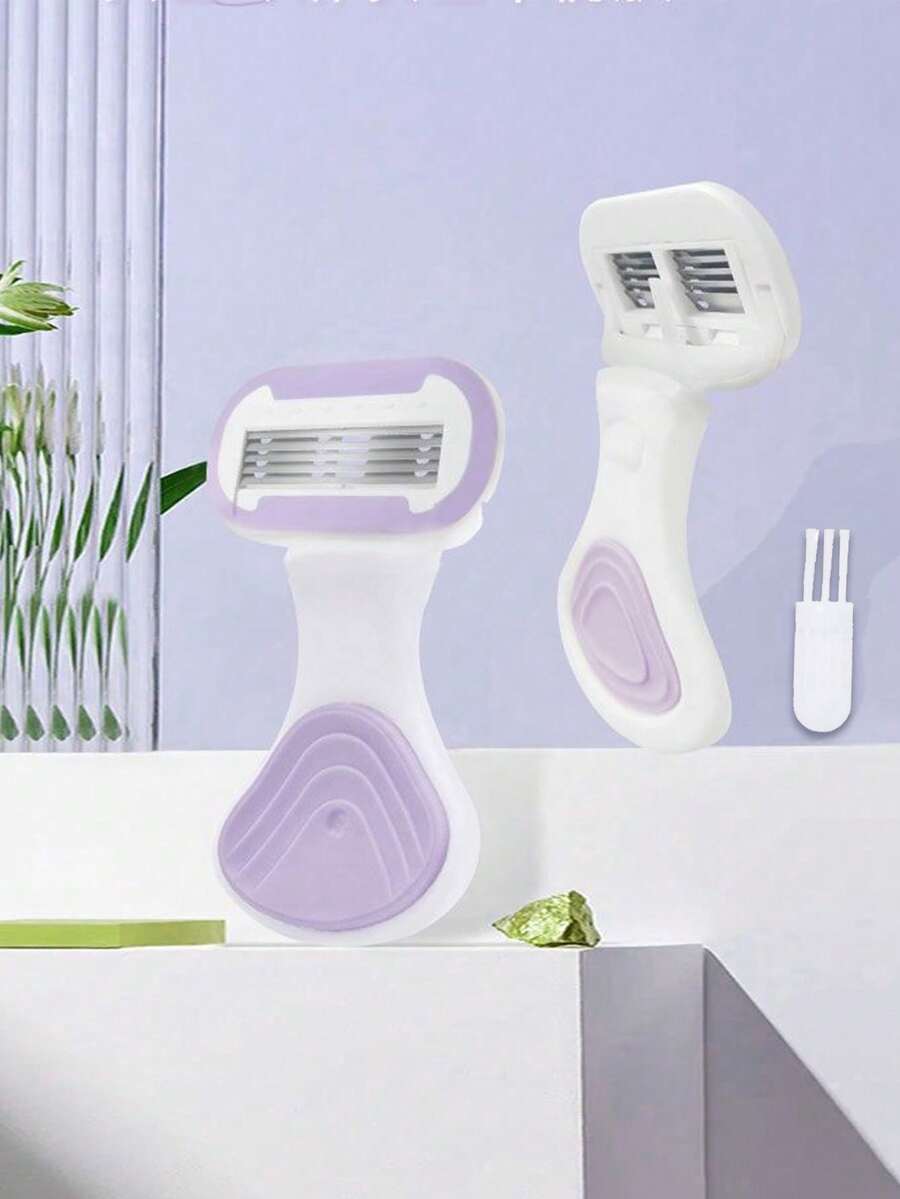 女士脱毛剃刀，适用于腋下、腿部和比基尼部位，便携式剃刀，紫色安全手动剃刀，女士比基尼手动安全剃刀刀片脱毛剃须/5层刀片，不锈钢刀片可更换紫色剃刀头，女孩礼物旅行必备，适合外出 - 彩色 - 查看 1