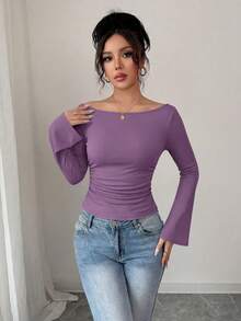 Women's Spring Fall Long Sleeve Shirts Crop Going Out Tops Casual Boat Neck Bell Sleeve Ribbed Ruched Y2K Clothes - Purple - View 3