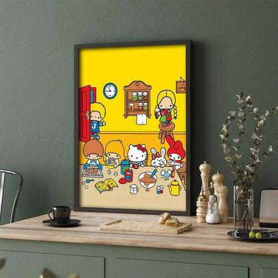 Sanrio 这款无框壁挂以明亮的黄色为背景，搭配互动元素，营造出温馨治愈的氛围，非常适合儿童房或家庭餐厅！这款烘焙派对壁挂打造了一个舒适惬意的小世界。