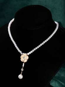 1件优雅山茶花仿珍珠颈链，韩式女性风格，时尚百搭 - 白色 - 查看 1