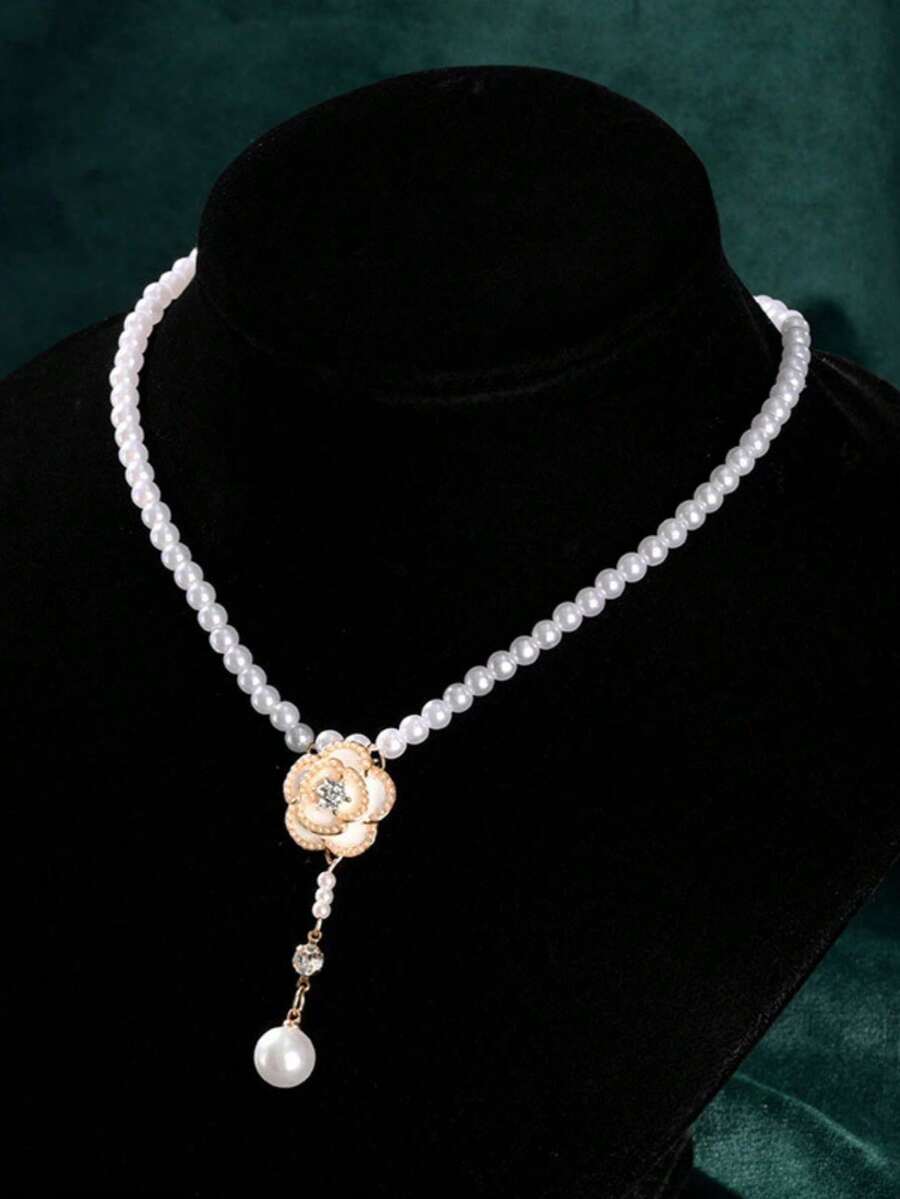 1件优雅山茶花仿珍珠颈链，韩式女性风格，时尚百搭 - 白色 - 查看 1