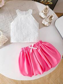 Baby Girls' Fashion Versatile Sweet Princess Cute Outgoing School Vacation Party White Bow Jacquard Embroidery Halter Neck Camisole Top And Pink White Butterfly Accent Floral Skirt 2 Piece Set, Summer - Pink - View 2