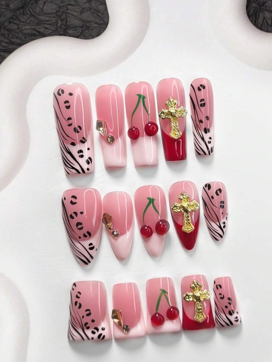 10片复古甜美少女风美甲凝胶套装，亚克力压制甲片，金色十字架，香槟色不对称钻石形美甲饰品，手绘3D红色樱桃，黑色豹纹和树枝美甲装饰，手工压制甲片 - 彩色 - 查看 1