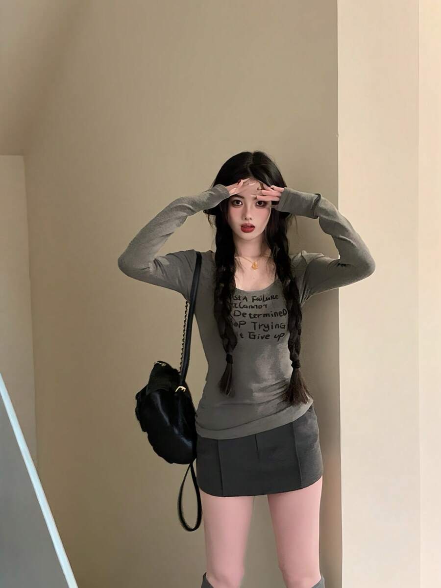 Comfortable Crew Neck Ribbed Knit Long Sleeve Women Knit Top, Regular Hem, Medium Stretch Spring