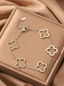 1pc Elegant And Fashionable Four-Leaf Clover Shape Stainless Steel Bracelet Set - High-Quality Surface Polishing Treatment - Ideal For Daily Wear And Parties - Silver - View 8