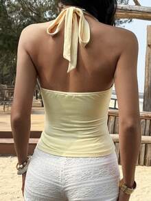 Vaiaye 女士纯色无袖简约修身休闲背心，针织低V领性感吊带背心，夏季时尚，性感吊带沙滩度假圣帕特里克节休闲T恤，适合通勤。 - 黃色 - 查看 2