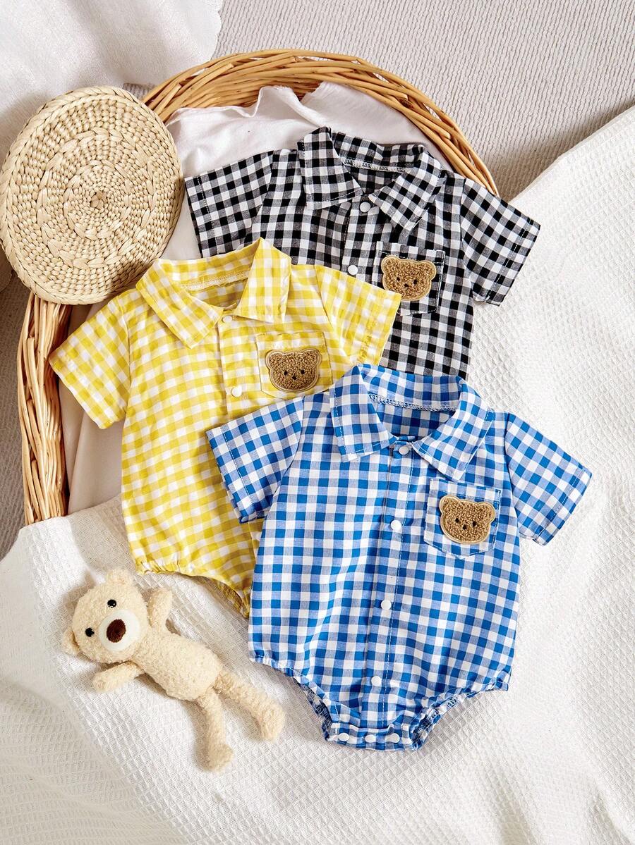 3pcs/Set Summer New Baby Boy Polo Collar Chest Pocket Embroidered Bear Plaid Short Sleeve Romper Outfit Set - Multicolor - View 1