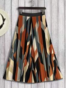 Women's Bohemian Style Pleated Mid-Length Skirt, Geometric Print, Non-Stretch Woven Fabric Vacation Summer - Multicolor - View 1