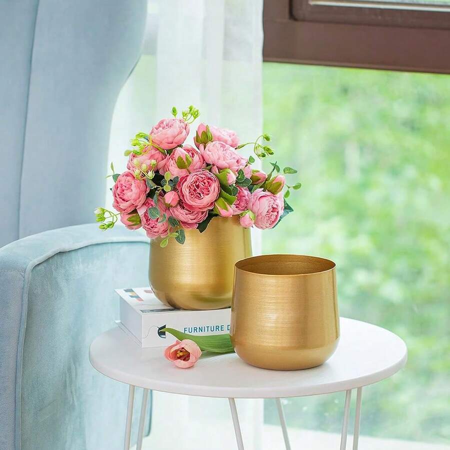 1pc Gold Plant Pot Metal Flower Pot Brass Gardening Planter Round Succulent Plant Container With Drainage Hole - Golden Vase - View 1