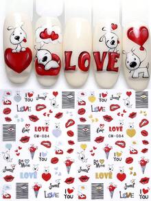 2pcs Cartoon Heart Dog Lip Texture Love Letter Valentine's Day Golden Gradient Pattern Nail Art Stickers, Nail Decoration DIY Nail Tools Nail Supplies - Multicolor - View 1