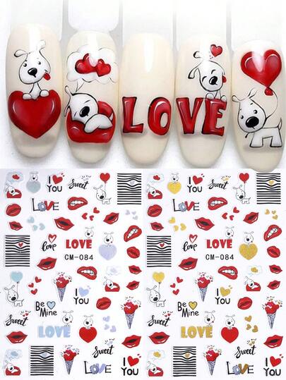 2pcs Cartoon Heart Dog Lips Nail Stickers Love Letter Valentine's Day Gold Slider Lines Pattern Nail Slider Manicure Decoration DIY Nail Accessories Tools Manicure Supplies