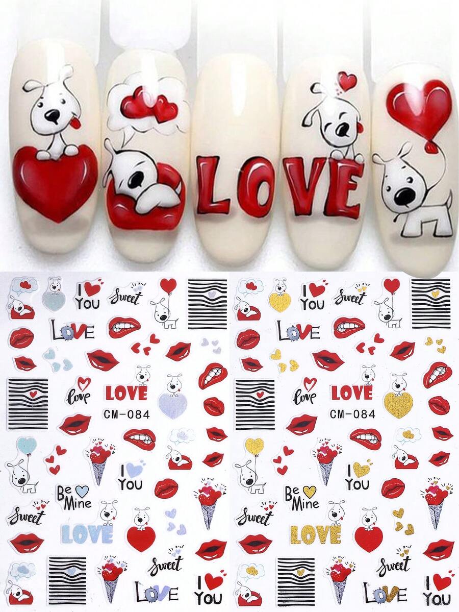 2pcs Cartoon Heart Dog Lip Texture Love Letter Valentine's Day Golden Gradient Pattern Nail Art Stickers, Nail Decoration DIY Nail Tools Nail Supplies - Multicolor - View 1