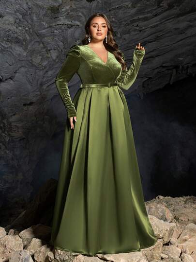 Elegant Olive Green Plus Size Women V-Neck Long Sleeve Maxi Party Evening Dress With Detachable Belt, Suitable For New Year, Valentine's Day, Formal Party, Gala, Wedding