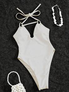 Women's Elegant Solid Color V-Neck Sexy Metal Ring Decor One-Piece Swimsuit, High Elasticity Fabric, Suitable For Beach Vacation, New Spring/Summer Style, White - White - View 1