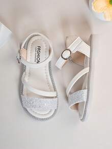 女童水钻凉鞋，新款夏季软底露趾公主鞋，小女孩亮片魔术贴沙滩鞋 - 白色 - 查看 4