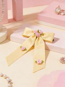 1 pieza Clip de pelo con lazo floral rosa lindo, accesorio de pelo de estilo dulce y pastoril para niñas - Multicolor - Ver 4