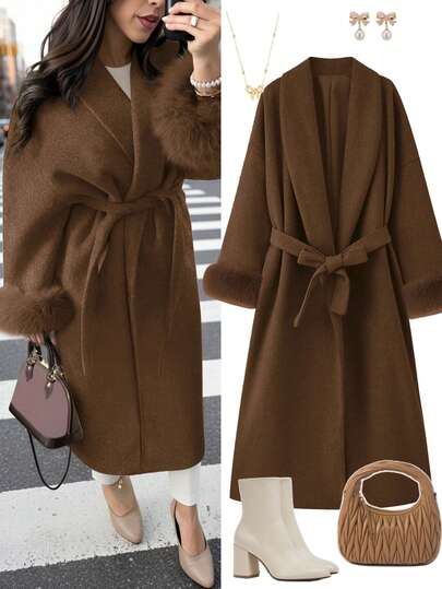 Chaqueta de mujer nueva y elegante con mangas de piel sintética con lazo, de tela similar a la lana, abrigo largo con cinturón, estilizador, estilo kimono, para otoño/invierno