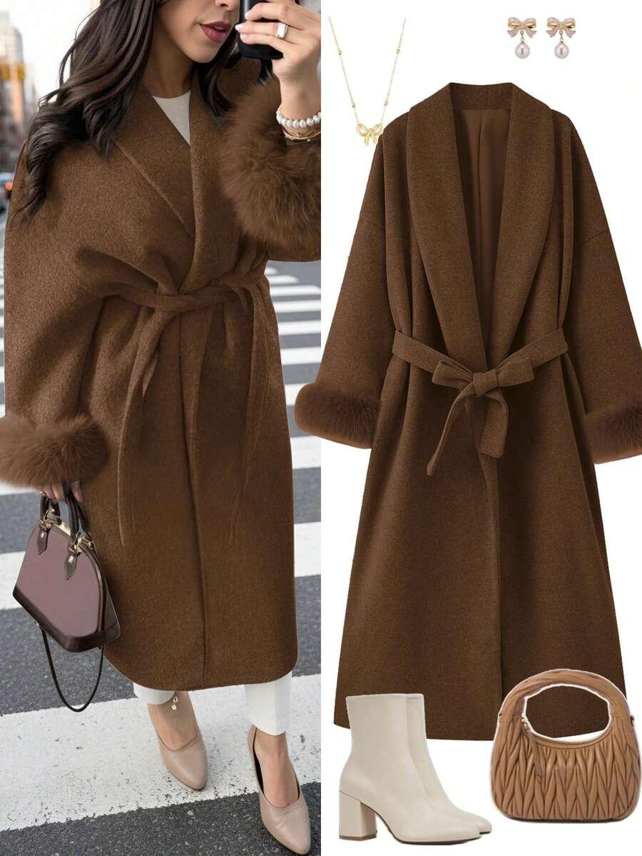 Áo khoác lông thú giả tay dài buộc dây thanh lịch mới dành cho nữ, vải cao cấp giống len, áo khoác dài có thắt lưng, ôm sát, phong cách kimono, thu/đông - Cà phê nâu - Xem 1