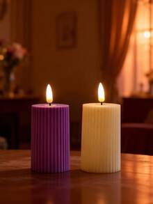 Plastic Beige Gear Striped Electronic Flameless Candle Set, Modern Flameless LED Party Candles, Faux Stone Wax Material Home Decor Candle Accessories - Multicolor - View 20