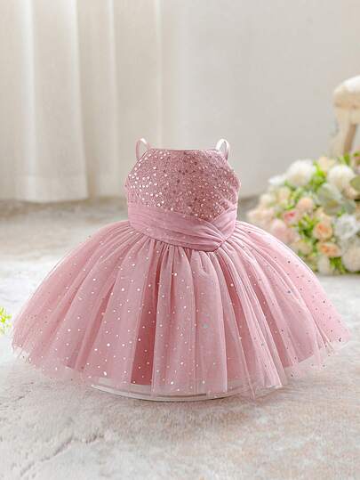 Baby Girls' Spaghetti Strap Sequin Mesh Elegant Birthday Party Dress, Suitable For Flower Girl, Wedding, Outdoor Party, Without Headband