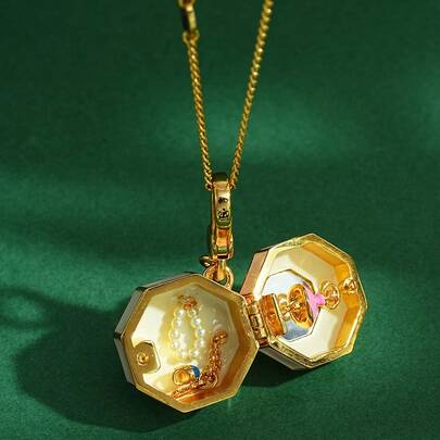 1件奢华时尚珐琅3D皇冠可开启音乐盒吊坠项链，手绘舞女首饰盒，情人节礼物，适合女性日常佩戴