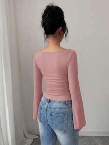 Women's Spring Fall Long Sleeve Shirts Crop Going Out Tops Casual Boat Neck Bell Sleeve Ribbed Ruched Y2K Clothes - Gray Pink - View 2