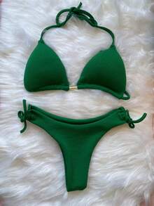 Ribbed Triangle Bikini Bottom, Double String Bikini Bottom, Semi-Thong - Green - View 3