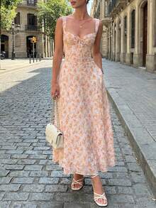 Đầm dài dáng xòe in hoa, thanh lịch, gợi cảm, không tay, cổ khoét sâu dành cho nữ. - Nhiều màu - Xem 3