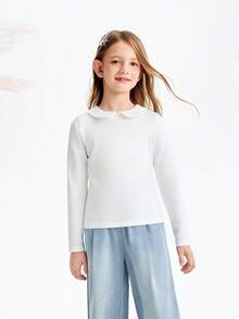 Annil Girls' Basic White T-Shirt With Collar And Long Sleeves, Spring 2026 New Style, Versatile And Sweet White Base Layer. - White - View 9