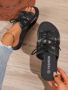 女士新款平底系带拖鞋，时尚军绿色凉鞋，防滑沙滩拖鞋，多功能休闲轻便软底透气拖鞋 - 黑色 - 查看 6