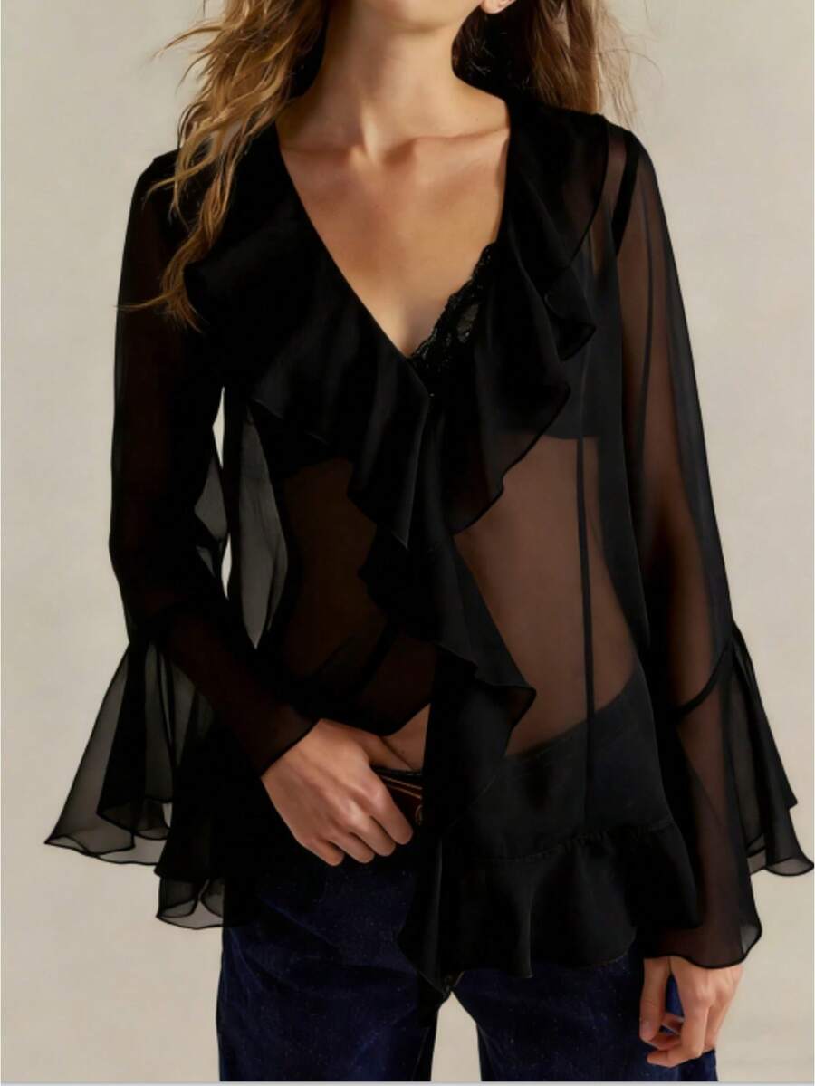 Women's Y2k Ruffled Sheer Chiffon Blouse Flared Long Sleeve V Neck Open Front See Trough Mesh Shirt Top Loose Fit Flowy Coquette Top Streetwear - màu đen - Xem 1