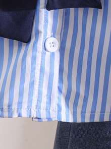 Conjunto de 3 piezas para niña: Camisa de rayas con cuello desmontable azul marino + Jeans de mezclilla desgastados y desteñidos azul claro, para primavera/verano - Azul - Ver 6