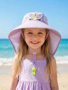 1pc Toddler & Kids' Navy Blue Shark Cartoon Bucket Hat With Neck Strap, Adjustable Drawstring, Outdoor Sports Cap, Random Whistle Color, Spring/Summer - Purple Unicorn - View 5
