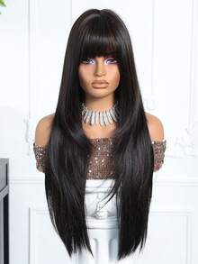 28 Inch Black Heat Resistant Synthetic Machine Wefted Bangs Wig, Elegant Style, Natural Fluffy And Soft Heat Resistant Synthetic Full Machine Wefted Wig, Suitable For Daily Wear, Music Festivals, Parties, Cosplay, Also A Great Gift For Friends - 黑色 - 查看 4