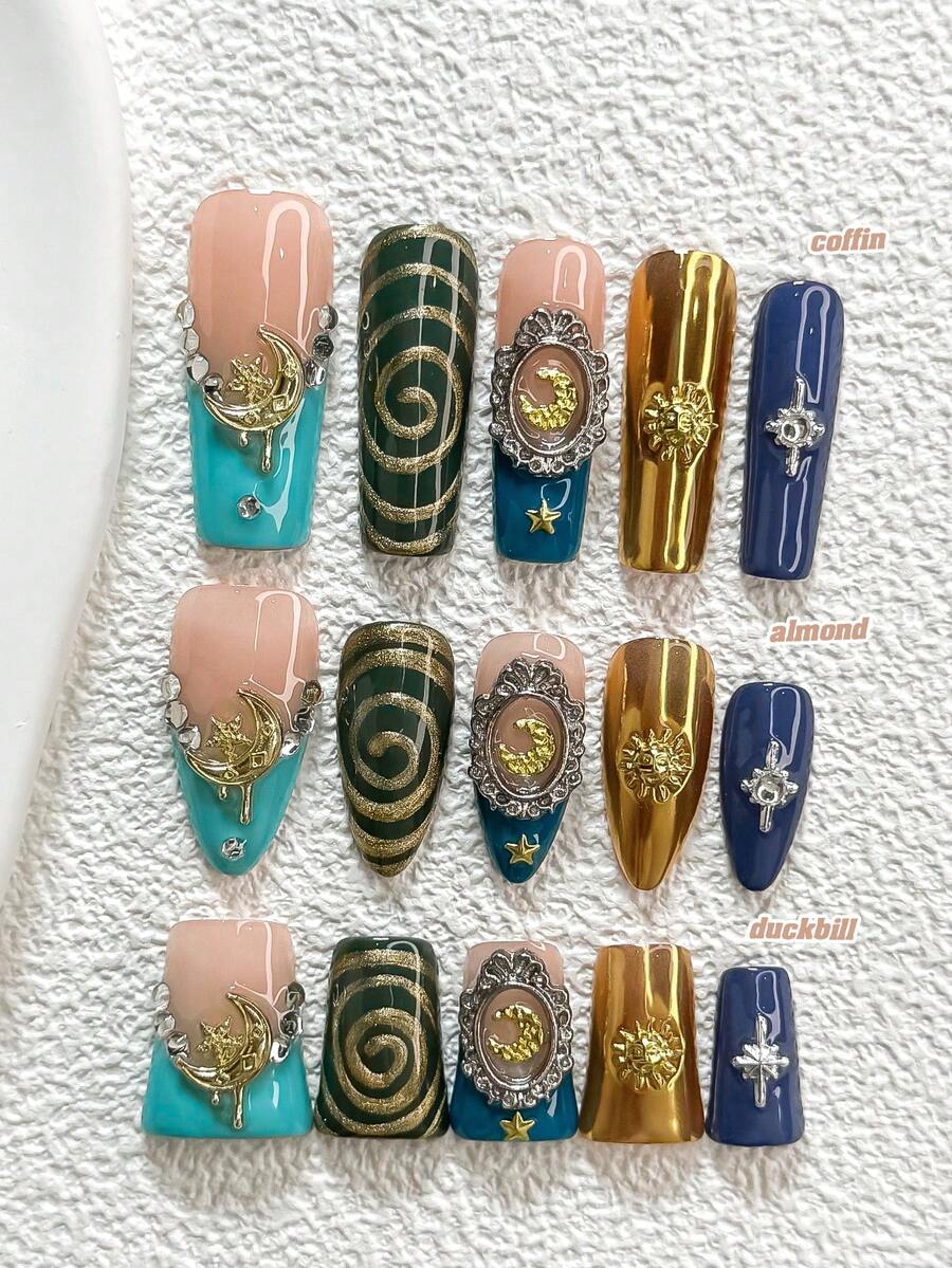 10pcs Retro Multifunctional Gel Manicure Set, Includes Acrylic Nail Stickers, Gold Star & Moon Patterns, Silver Rhinestone Stars, Hand-Painted Gold Halos, Blue-Green Nail Polish, Futuristic Style, Ideal Gift For Women & Girls Nails Handmade Press On Nails - Nhiều màu - Xem 1