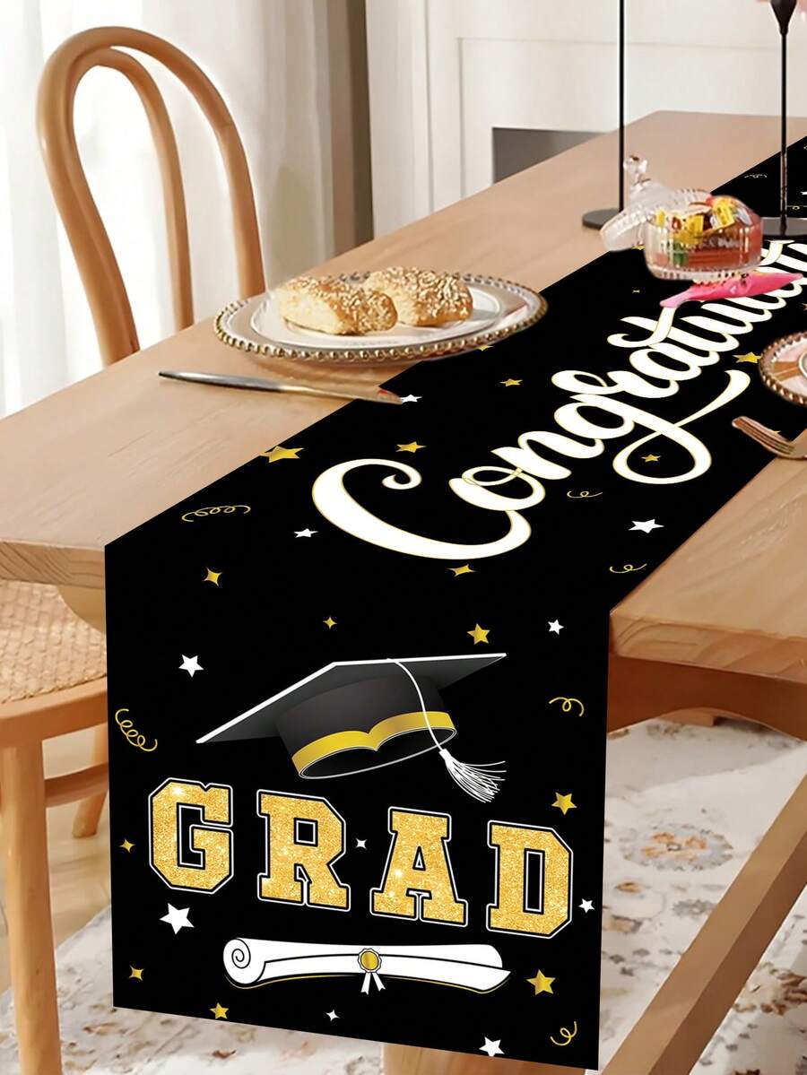 1pc Graduation Celebration Party Tablecloth, Black Congratulations Graduate Black & Gold Mortarboard Pattern Table Runner, 2026 Graduation Tablecloth Tabletop Decor, Graduation Party 2026 Restaurant Table Decor, Home Decor, Graduation Party Supplies, Graduation Theme Table Runner, Party Favors, Photography Props