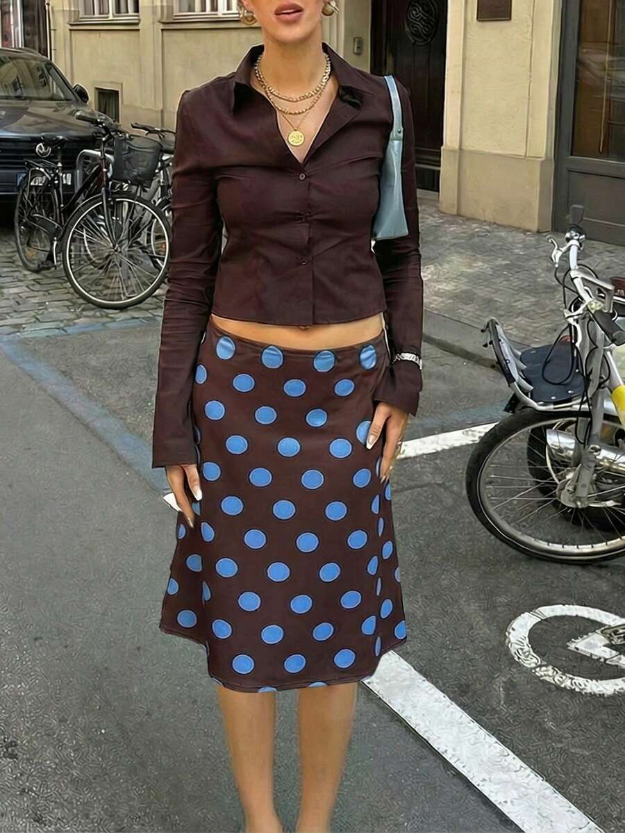巧克力棕色蓝色波点中长裙 | 低腰A字裙，适合街头和日常穿着 - 棕色 - 查看 1
