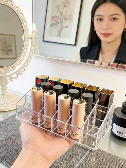 1PC Transparent Lipstick Storage Box Dust-Proof Cosmetic Display Stand Large Capacity Desktop Organizer For Lipsticks Lip Glosses Red Lip Makeup Tools Space-Saving Holder