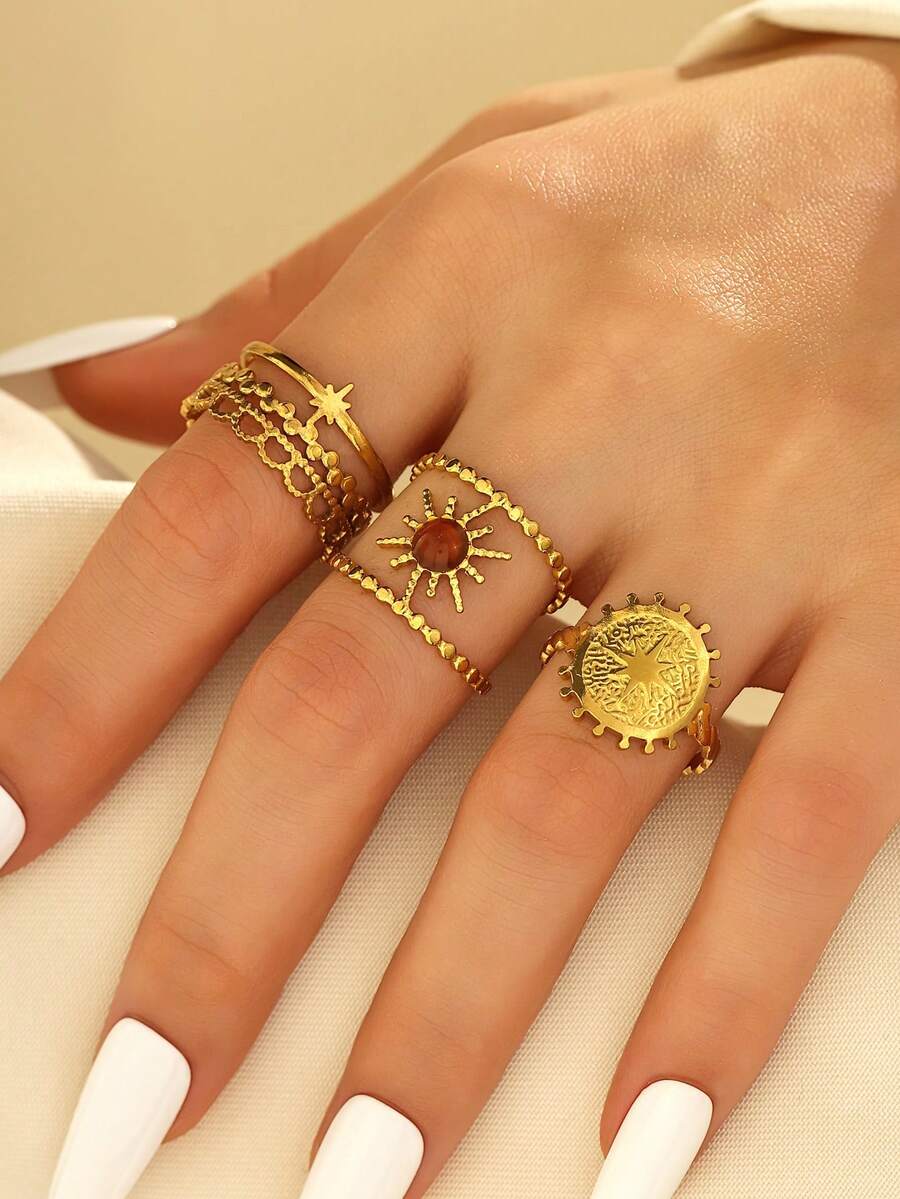 3件套不锈钢金色星星、月亮、太阳及棕色点缀可调节戒指套装，适合女性日常佩戴或作为礼物 - 金黃色 - 查看 1