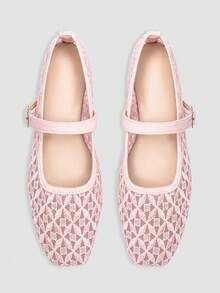 ADAMUMU 女士时尚方头休闲聚会办公室扣带透气编织镂空网眼舒适一脚蹬平底鞋，粉色 - 粉色 - 查看 9