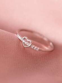 HuooNew Fashionable 925 Sterling Silver Heart-Shaped Cubic Zirconia Adjustable Single Ring, Suitable For Women's Daily Wear - Silver - View 7